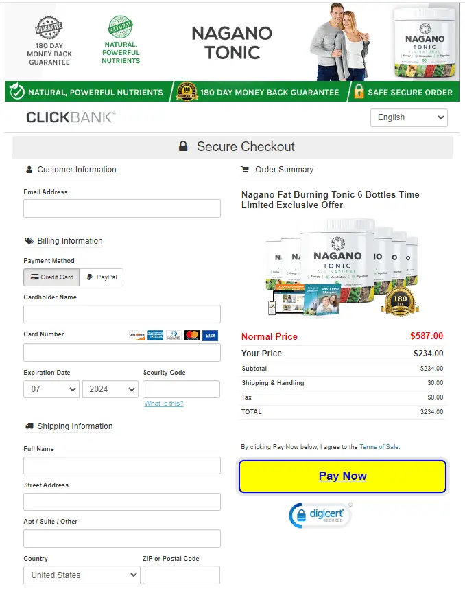 Nagano Tonic Secure Checkout Page